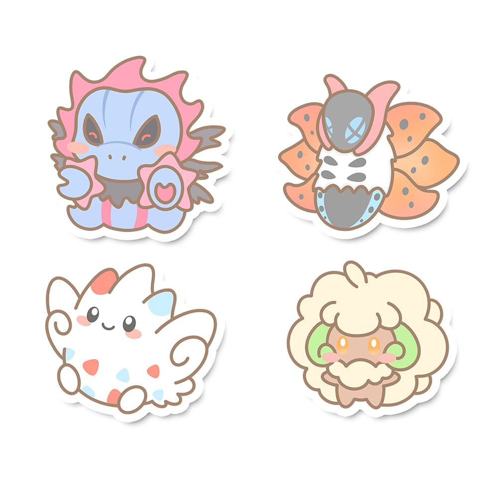 Hydreigon, Volcarona, Togekiss & Whimsicott Sticker Flakes – Dachi Duck
